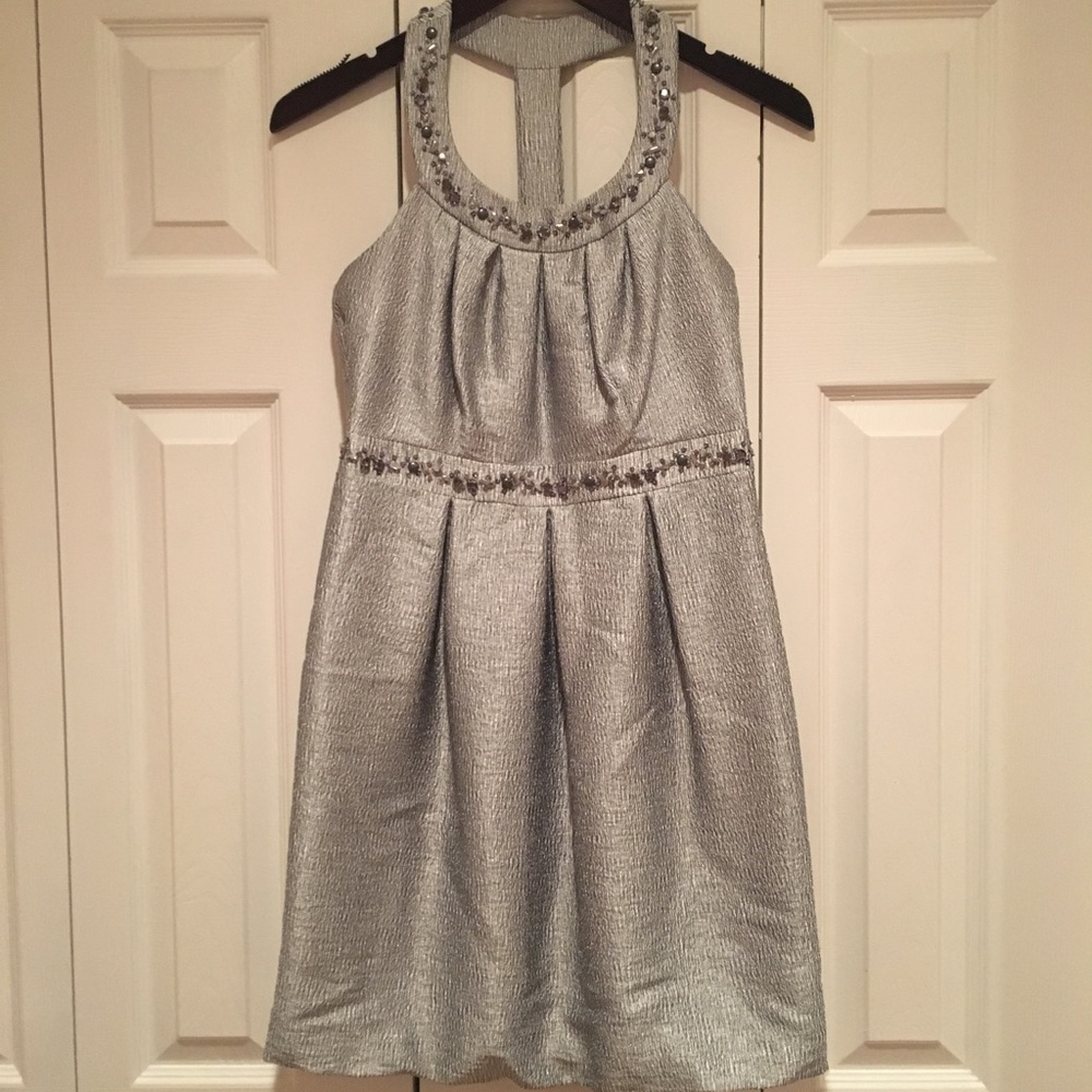 Neiman Marcus Silver Beaded Cocktail Dress
